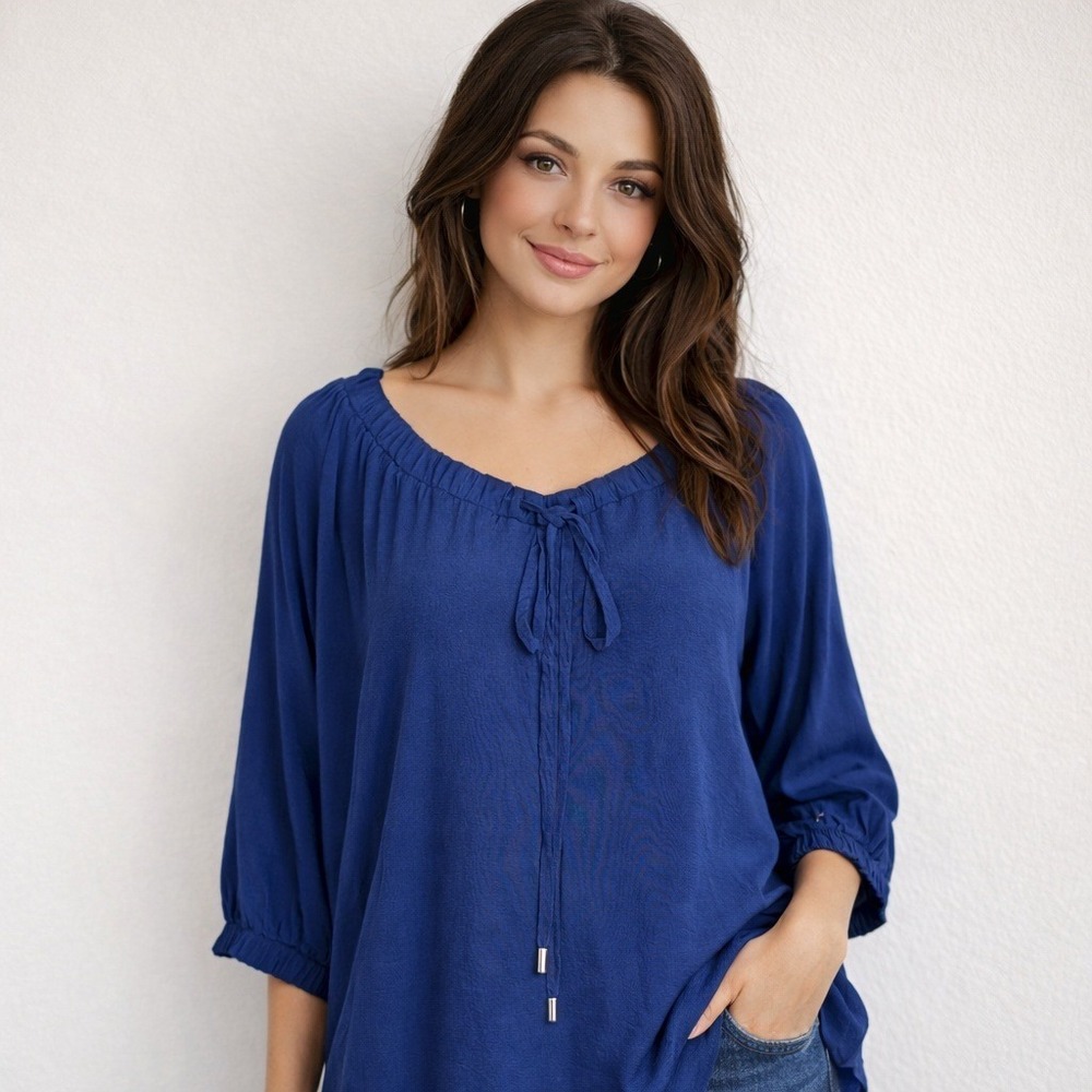 Ann Taylor Blouse Women's Medium Navy Blue Peasant Long Sleeve On Off Shoulder